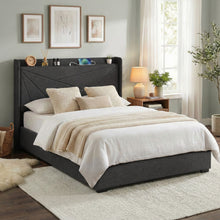 Load image into Gallery viewer, Artiss Double Bed Frame Gas Lift Storage Bed with Charging Ports Upholstered Geometric Headboard Charcoal Grey - The White Mall