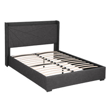 Load image into Gallery viewer, Artiss Double Bed Frame Gas Lift Storage Bed with Charging Ports Upholstered Geometric Headboard Charcoal Grey - The White Mall