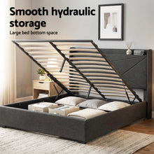 Load image into Gallery viewer, Artiss Double Bed Frame Gas Lift Storage Bed with Charging Ports Upholstered Geometric Headboard Charcoal Grey - The White Mall