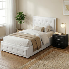 Load image into Gallery viewer, Artiss King Single Bed Frame Storage White Leather Gas Lift Bed Black Bedside Table Set