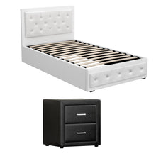 Load image into Gallery viewer, Artiss King Single Bed Frame Storage White Leather Gas Lift Bed Black Bedside Table Set