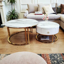 Load image into Gallery viewer, Snowy Mountain Faux Modern Marble Slate Nesting Coffee Table Set Leather Wrapped Wood Drawers