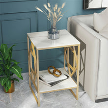 Load image into Gallery viewer, White Marble Gold Side Table Living Room End Accent Table Nightstand with Shelf