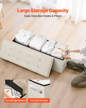 Load image into Gallery viewer, Foldable Storage Ottoman Bench, End of Bed Bench with Side Bags, Folding Upholstered Storage Chest Supports 660 lbs, Linen Bed Ottoman with Large Space for Living Room, Bedroom, Entryway, Beige
