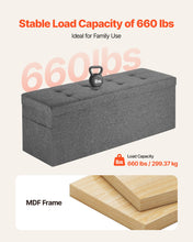 Load image into Gallery viewer, Foldable Storage Ottoman Bench, End of Bed Bench with Side Bags, Folding Upholstered Storage Chest Supports 660 lbs, Linen Bed Ottoman with Large Space for Living Room, Bedroom, Entryway, Grey