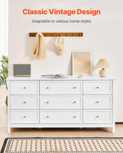 Load image into Gallery viewer, 9 Drawer Dresser, Wooden Chest of Drawers with Sliding and Anti-tip Device, Retro Minimalist Dresser Chest, Closet Storage TV Stand Organizer for Living Room, Hallway, Bedroom, Entryway, White
