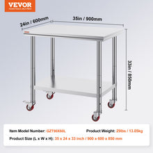 Load image into Gallery viewer, Stainless Steel Work Table 36x24 Inch with 4 Wheels Commercial Food Prep Worktable with Casters Heavy Duty Work Table for Commercial Kitchen Restaurant