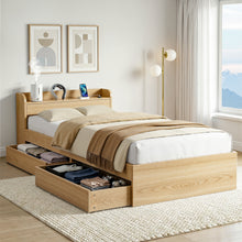 Load image into Gallery viewer, Artiss Single Bed Frame with 2 Storage Drawers Platform Bed Base with USB Ports Sturdy Wooden Slat Support Natural - The White Mall