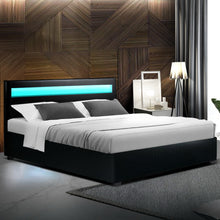 Load image into Gallery viewer, Artiss Cole LED Bed Frame PU Leather Gas Lift Storage - Black Queen