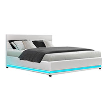 Load image into Gallery viewer, Artiss Lumi LED Bed Frame PU Leather Gas Lift Storage - White Queen