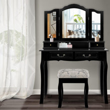 Load image into Gallery viewer, Classic black vanity with 3 mirrors in bedroom.