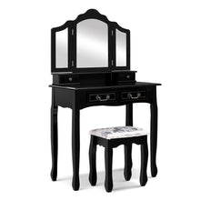Load image into Gallery viewer, Black dressing table with 3 mirrors and chair.