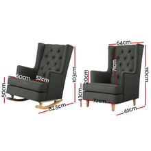 Load image into Gallery viewer, Classic Charcoal Rocking or Still Armchair measurements.