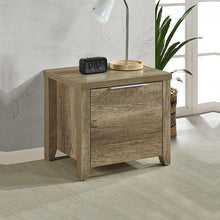 Load image into Gallery viewer, Oak bedside table, with stylish, modern decor & alarm clock.