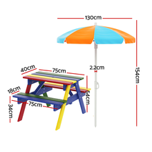 Load image into Gallery viewer, Keezi Kids Outdoor Table & Chairs Picnic Bench Seat Umbrella Colourful Wood
