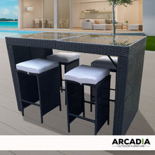 Load image into Gallery viewer, Arcadia Furniture Outdoor 5 Piece Bar Table Set Rattan and Cushions Patio Dining - Black and Grey