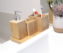 Load image into Gallery viewer, Bamboo Bathroom Accessories Set | Soap Dispenser, Toothbrush Holder, Storage Box & Tray