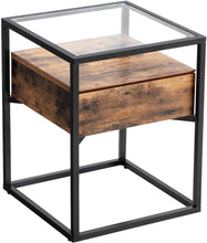 Load image into Gallery viewer, Tempered Glass End Table with Drawer and Rustic Shelf Stable Iron Frame