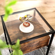 Load image into Gallery viewer, Tempered Glass End Table with Drawer and Rustic Shelf Stable Iron Frame