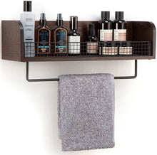 Load image into Gallery viewer, Wall Mount Rustic Wood & Black Metal Bathroom Shelf with Towel Bar