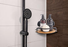 Load image into Gallery viewer, 2 Pack Round Bamboo Corner Shower Caddy Shelf Basket Rack with Premium Vacuum Suction Cup No-Drilling for Bathroom and Kitchen