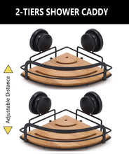 Load image into Gallery viewer, 2 Pack Round Bamboo Corner Shower Caddy Shelf Basket Rack with Premium Vacuum Suction Cup No-Drilling for Bathroom and Kitchen