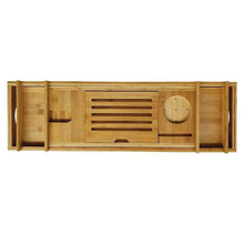 Load image into Gallery viewer, Expandable Bamboo Bath Book Caddy iPhone ipad Wineglass Holder Over Bathtub Rack