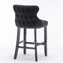 Load image into Gallery viewer, 4x Velvet Upholstered Button Tufted Bar Stools with Wood Legs and Studs-Black