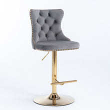 Load image into Gallery viewer, 4x Height Adjustable Swivel Bar Stool Velvet Studs Barstool with Footrest and Golden Base- Grey
