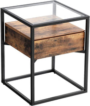 Load image into Gallery viewer, VASAGLE Side Table Tempered Glass End Table with Drawer and Shelf Rustic Brown and Black LET04BX
