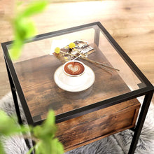 Load image into Gallery viewer, VASAGLE Side Table Tempered Glass End Table with Drawer and Shelf Rustic Brown and Black LET04BX