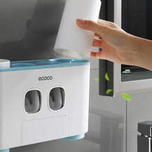 Load image into Gallery viewer, Ecoco Wall-Mounted Toothbrush Holder with 2 Toothpaste Dispensers 4 Cups and 5 Toothbrush Slots Toiletries Bathroom Storage Rack (Blue)