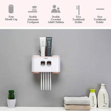 Load image into Gallery viewer, Ecoco Wall-Mounted Toothbrush Holder with 2 Toothpaste Dispensers 4 Cups and 5 Toothbrush Slots Toiletries Bathroom Storage Rack (Grey)