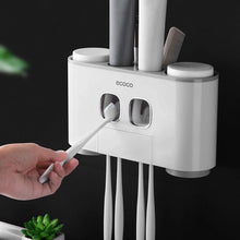 Load image into Gallery viewer, Ecoco Wall-Mounted Toothbrush Holder with 2 Toothpaste Dispensers 4 Cups and 5 Toothbrush Slots Toiletries Bathroom Storage Rack (Grey)