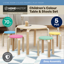 Load image into Gallery viewer, Home Master 5PCE Kids Wooden Table & Coloured Stools Set Stackable Sturdy