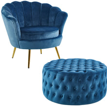 Load image into Gallery viewer, Bloomer Velvet Fabric Accent Love Chair Round Ottoman Set - Blue