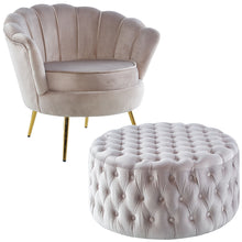 Load image into Gallery viewer, Bloomer Velvet Fabric Accent Love Chair Round Ottoman Set - Beige