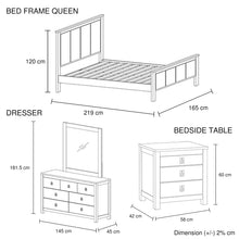Load image into Gallery viewer, 4 Pieces Bedroom Suite with Solid Acacia Wood Veneered Construction in Queen Size White Ash Colour Bed, Bedside Table & Dresser
