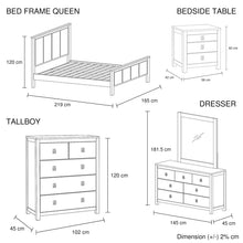 Load image into Gallery viewer, 5 Pieces Bedroom Suite with Solid Acacia Wood Veneered Construction in Queen Size White Ash Colour Bed, Bedside Table , Tallboy & Dresser
