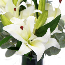 Load image into Gallery viewer, Premium Faux White Lily In Glass Vase (Tiger Lily Bouquet With Eucalyptus)
