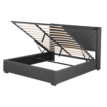 Load image into Gallery viewer, Artiss Double Bed Frame Gas Lift Storage Bed with Charging Ports Upholstered Geometric Headboard Charcoal Grey - The White Mall

