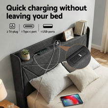 Load image into Gallery viewer, Artiss Double Bed Frame Gas Lift Storage Bed with Charging Ports Upholstered Geometric Headboard Charcoal Grey - The White Mall
