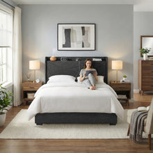 Load image into Gallery viewer, Artiss Double Bed Frame Gas Lift Storage Bed with Charging Ports Upholstered Geometric Headboard Charcoal Grey - The White Mall
