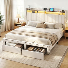 Load image into Gallery viewer, Artiss King Upholstered Bed Frame with Shelf Storage Drawers Charging Station Mood Lighting Linen - The White Mall
