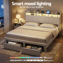 Load image into Gallery viewer, Artiss King Upholstered Bed Frame with Shelf Storage Drawers Charging Station Mood Lighting Linen - The White Mall
