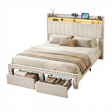 Load image into Gallery viewer, Artiss King Upholstered Bed Frame with Shelf Storage Drawers Charging Station Mood Lighting Linen - The White Mall
