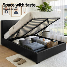 Load image into Gallery viewer, Artiss Gas Lift Queen Bed Frame and Bedside Table Set Leather Black
