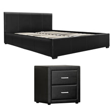 Load image into Gallery viewer, Artiss Gas Lift Queen Bed Frame and Bedside Table Set Leather Black
