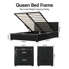 Load image into Gallery viewer, Artiss Gas Lift Queen Bed Frame and 2 Bedside Table Set Leather Black
