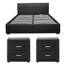 Load image into Gallery viewer, Artiss Gas Lift Queen Bed Frame and 2 Bedside Table Set Leather Black
